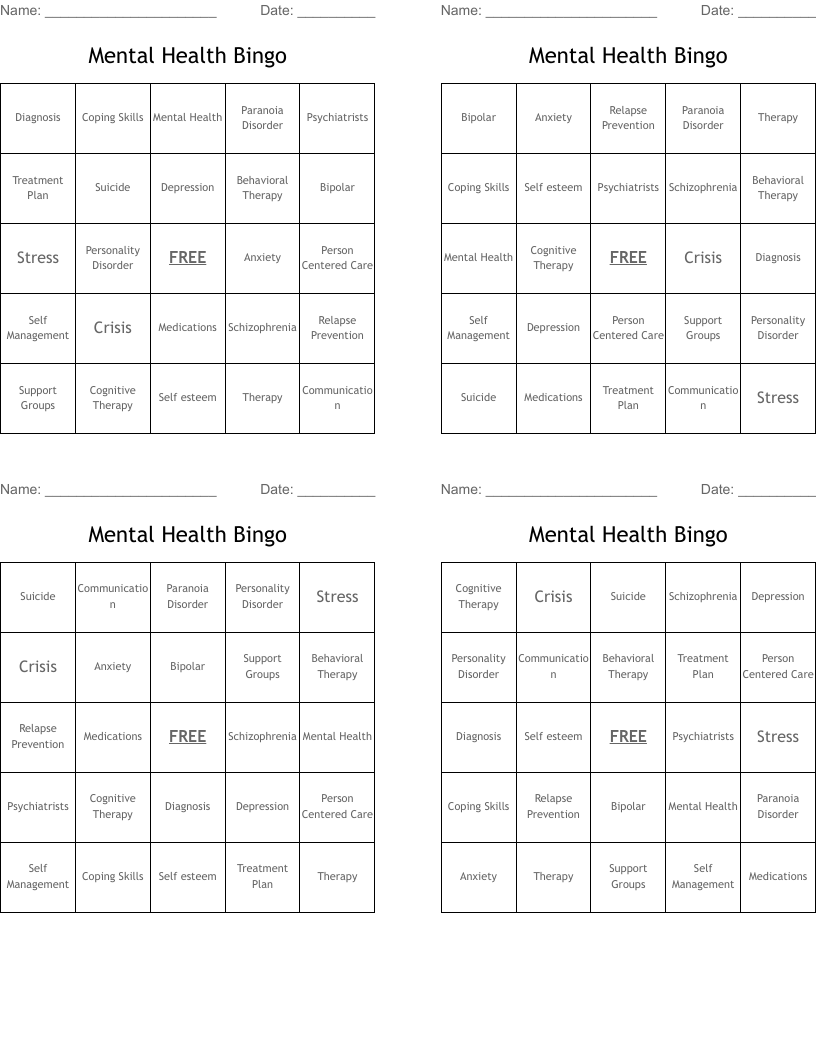 Mental Health Bingo