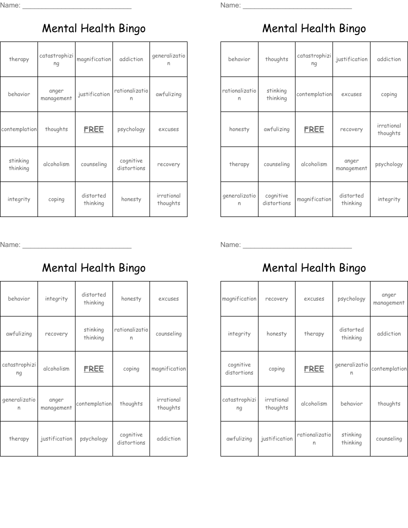 Mental Health Bingo