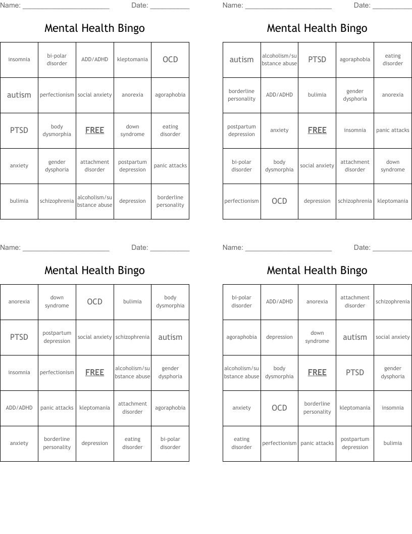 Mental Health Bingo