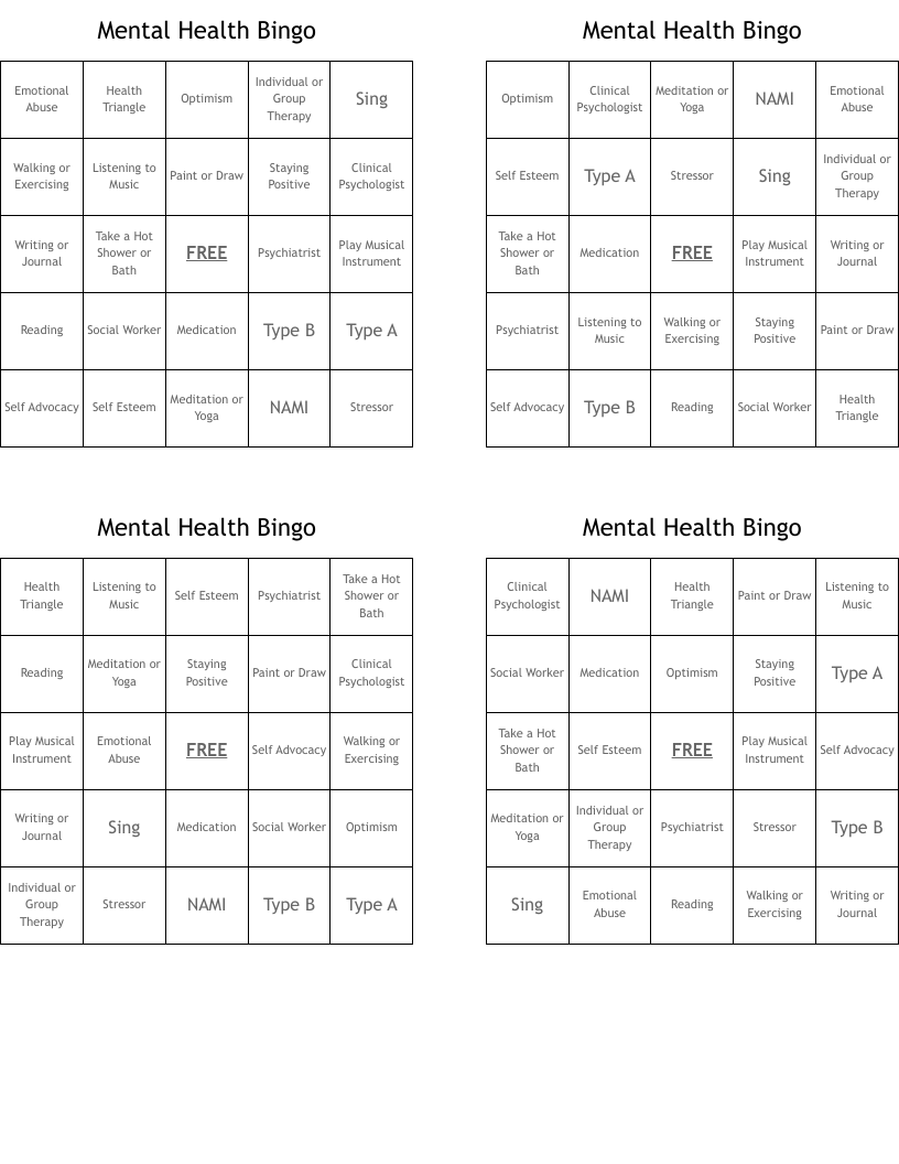 Mental Health Bingo 