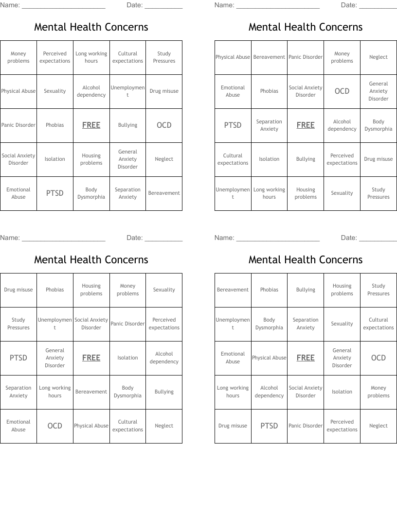 Mental Health Concerns Bingo Cards