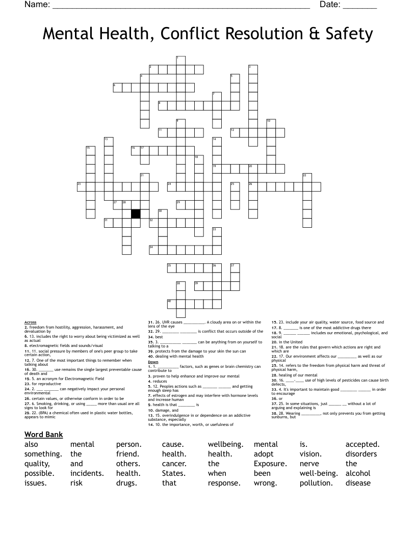 Mental Health, Conflict Resolution & Safety Crossword