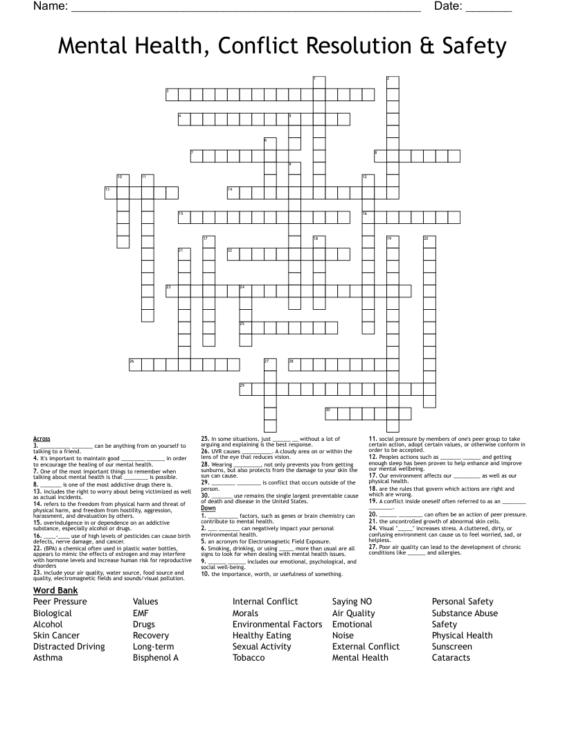 Mental Health, Conflict Resolution & Safety Crossword