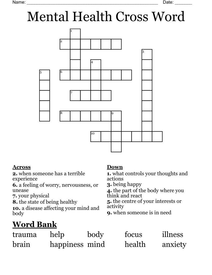 Mental Health Cross Word
