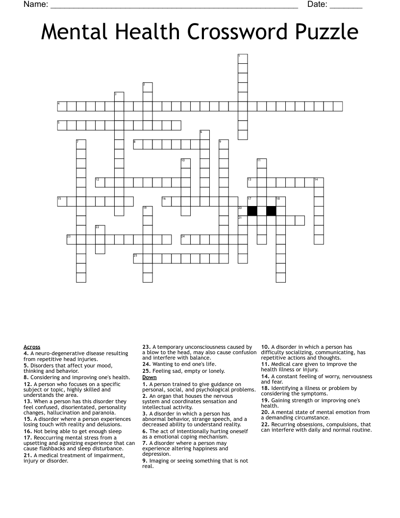 Mental Health Crossword Puzzle