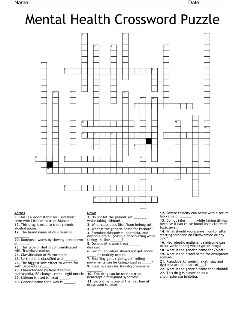 Mental Health Crossword Puzzle