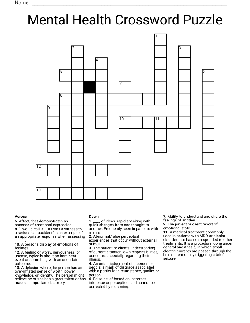 Mental Health Crossword Puzzle 