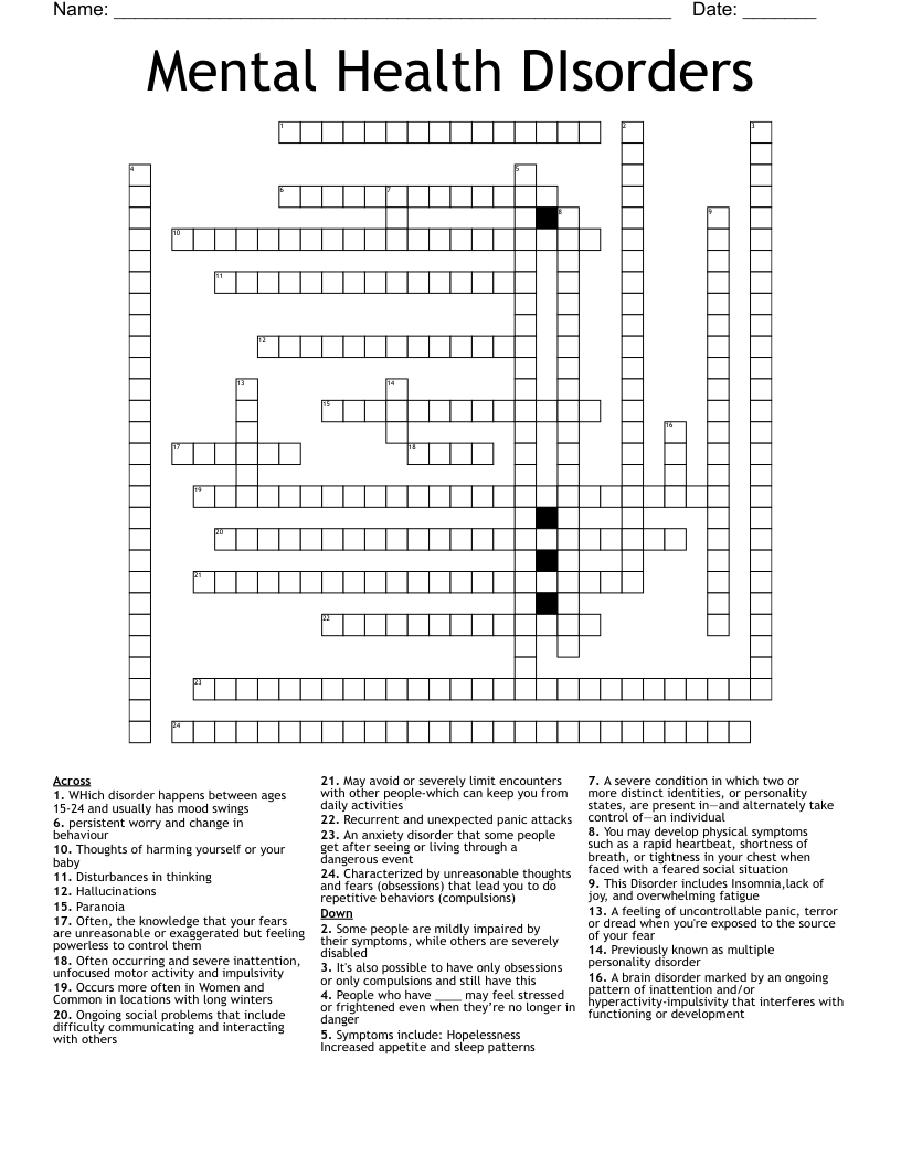 Mental Health DIsorders Crossword