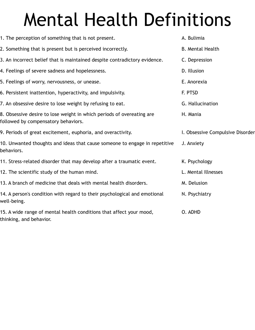 Mental Health Definitions Worksheet