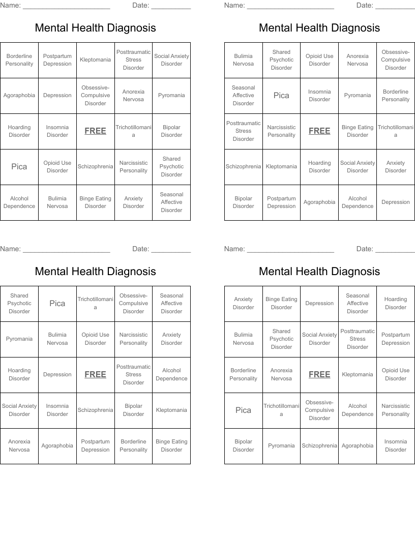 Mental Health Diagnosis Bingo Cards