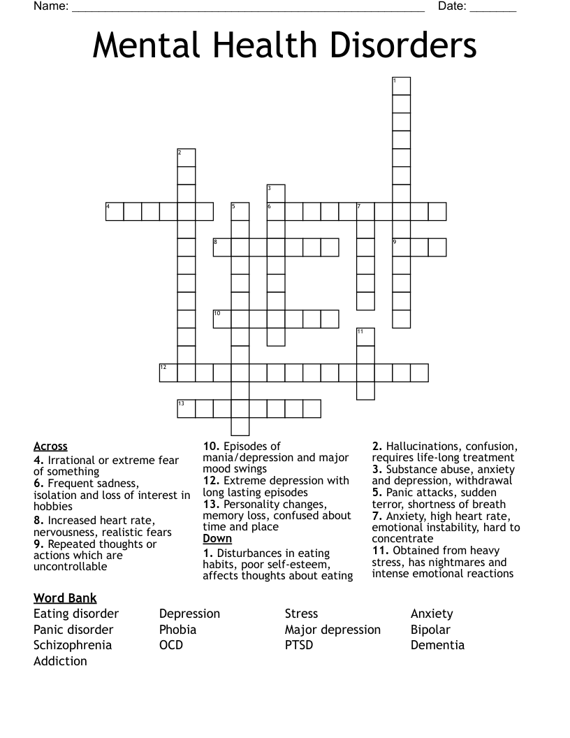 Mental Health Disorders Crossword