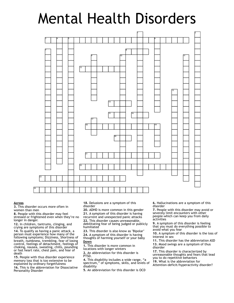 Mental Health Disorders Crossword