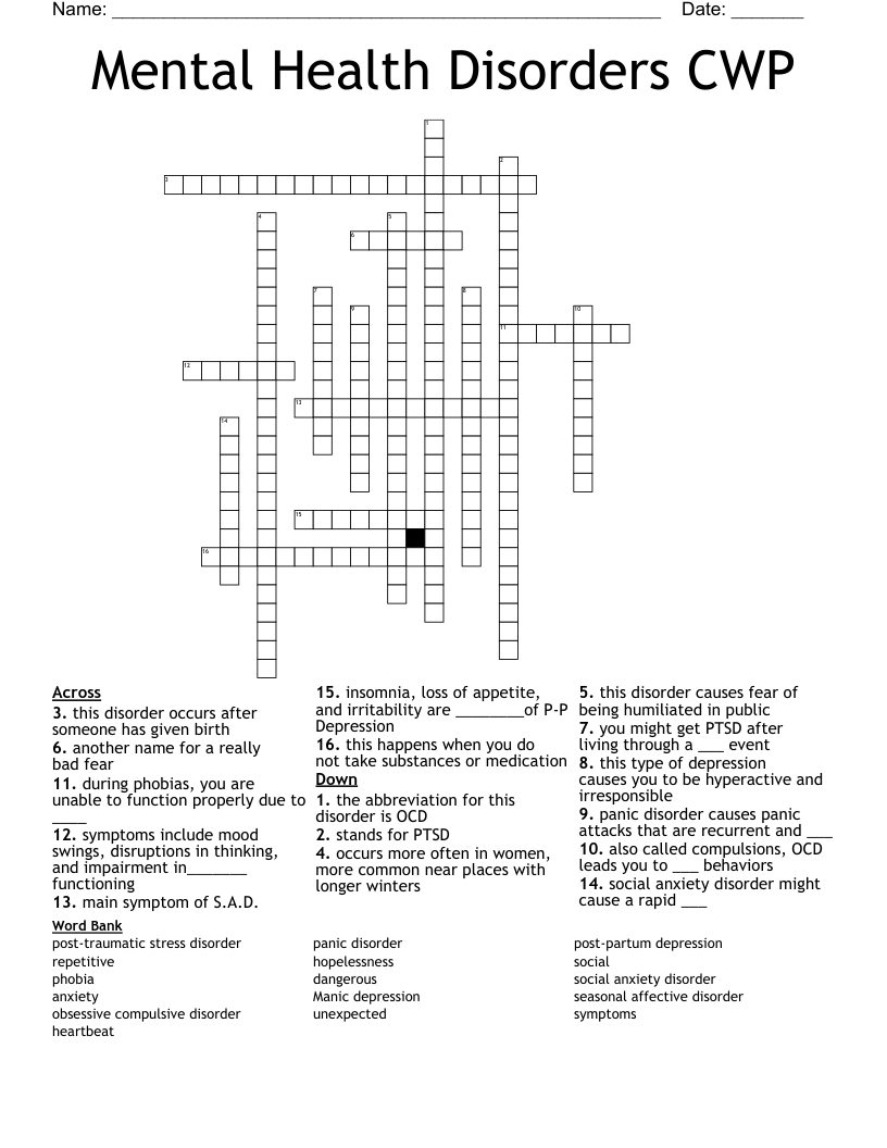 Mental Health Disorders CWP Crossword