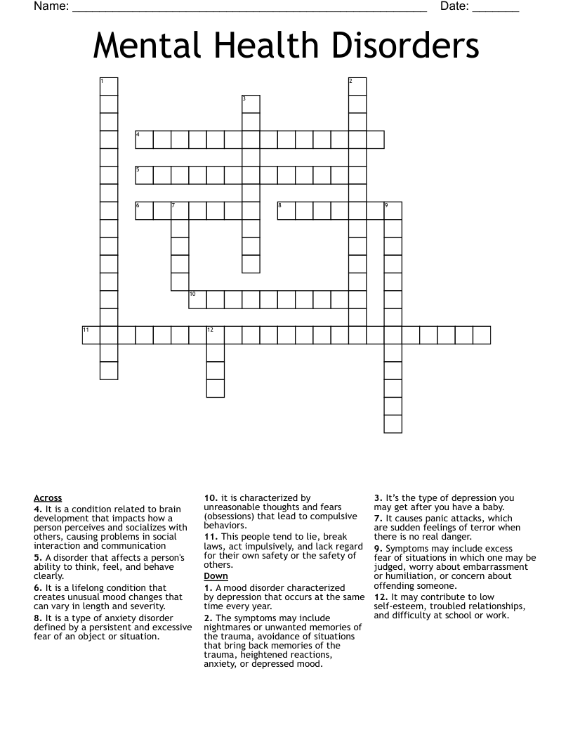 Mental Health Disorders  Crossword