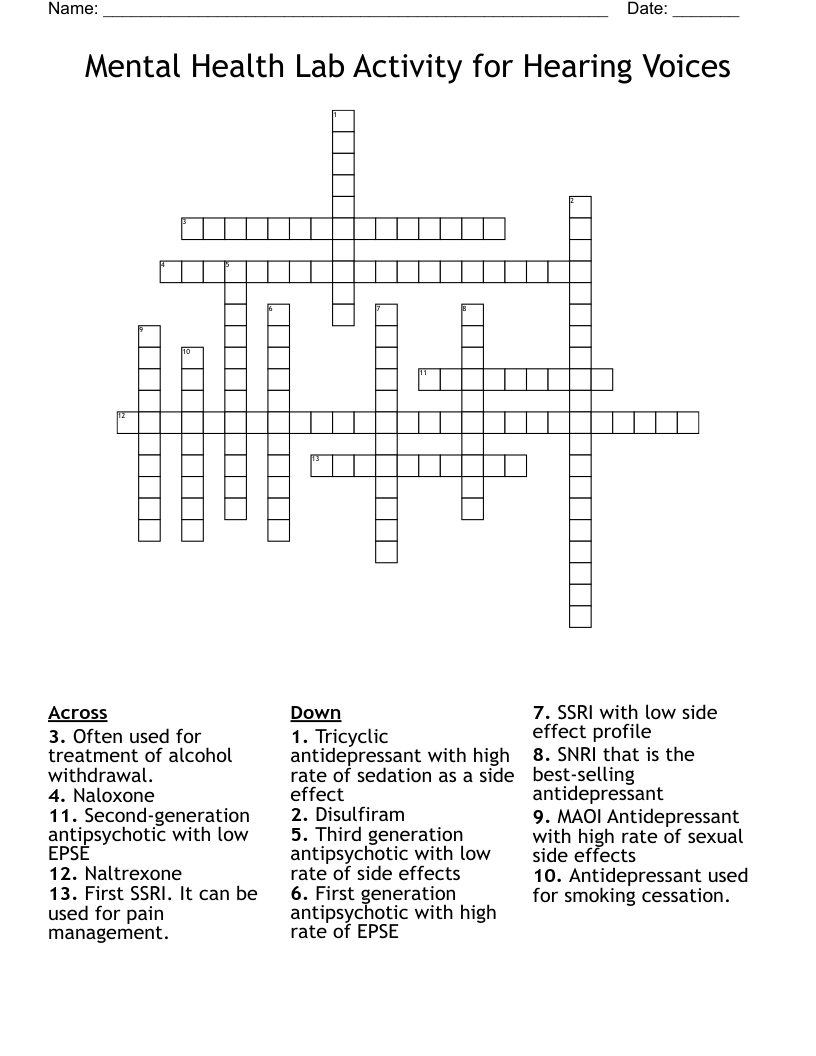 Mental Health Lab Activity for Hearing Voices Crossword