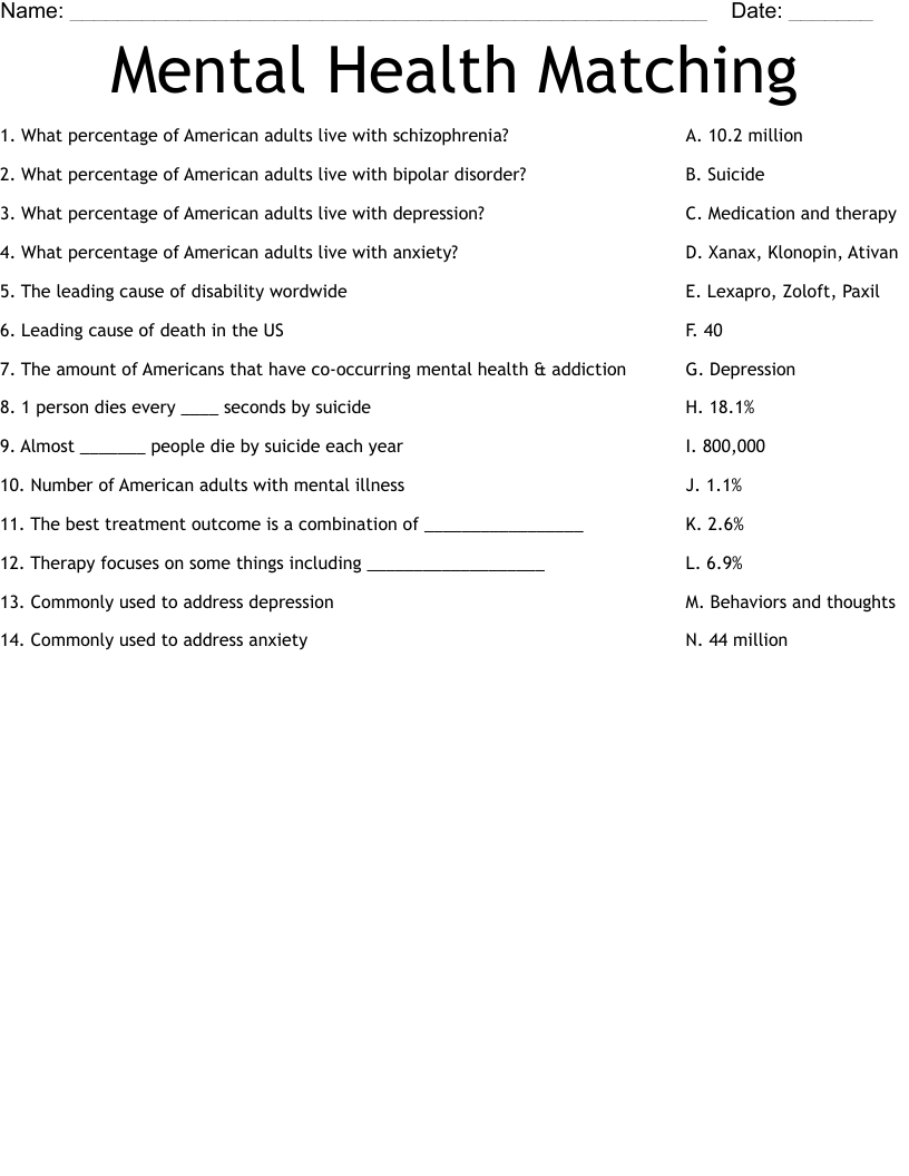 Mental Health Matching Worksheet