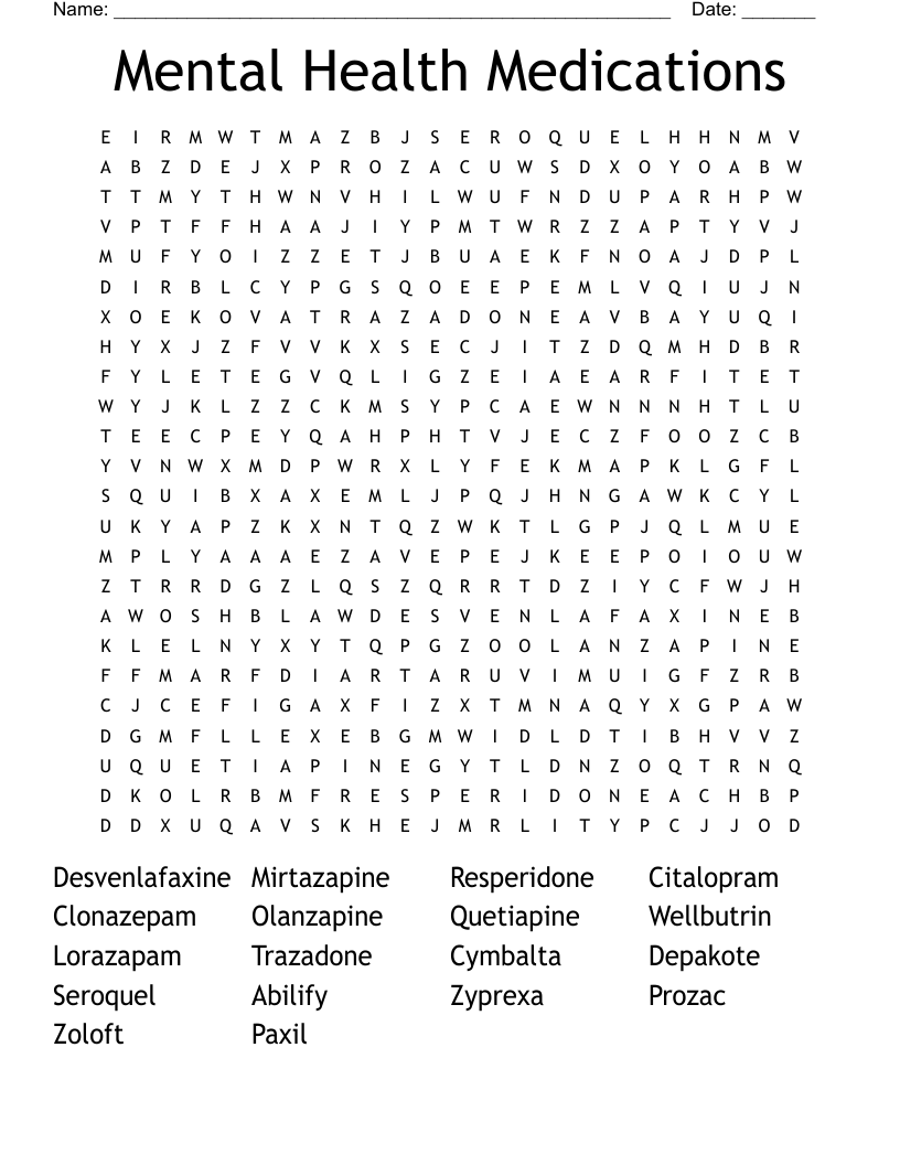Mental Health Medications Word Search