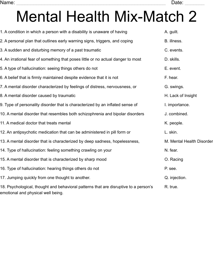 Mental Health Mix-Match 2 Worksheet