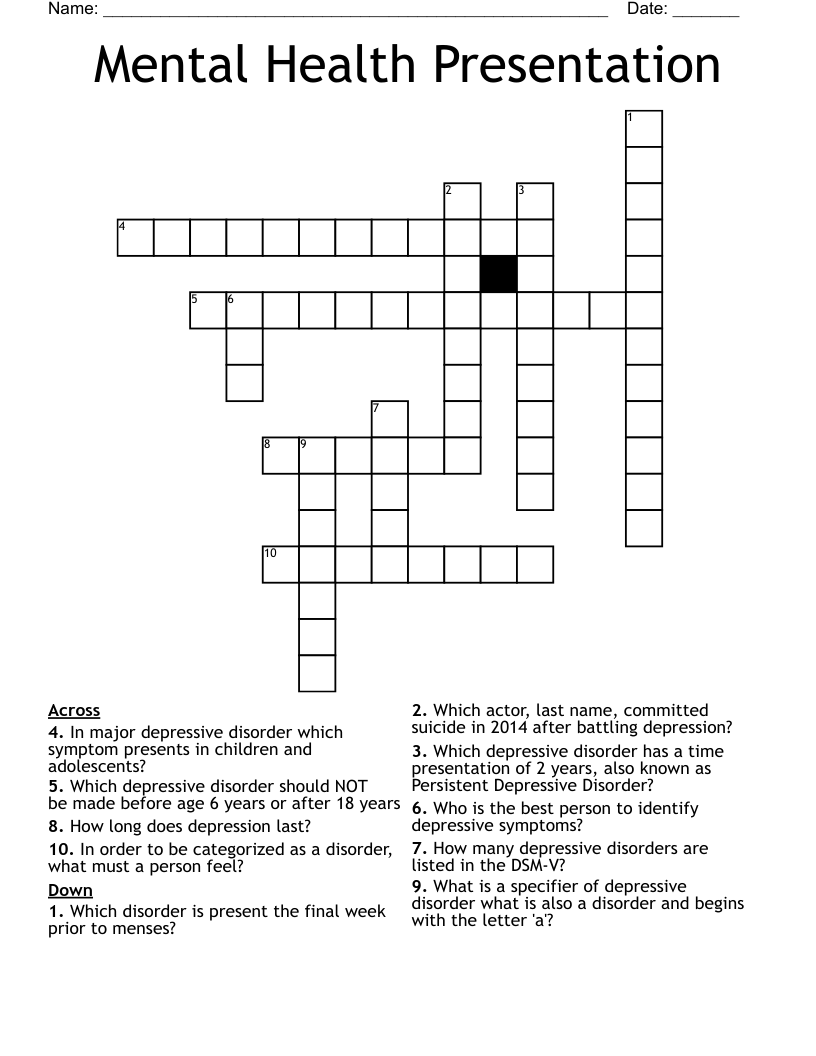 Mental Health Presentation Crossword