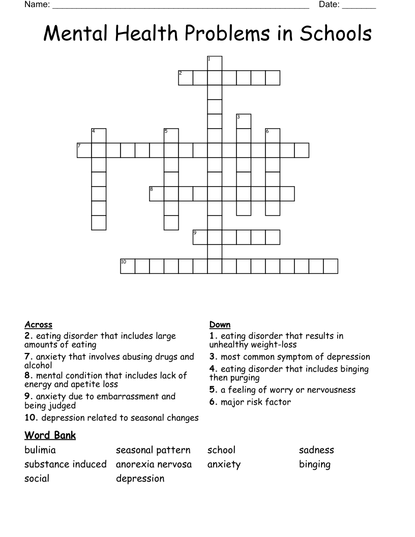 Mental Health Problems in Schools Crossword