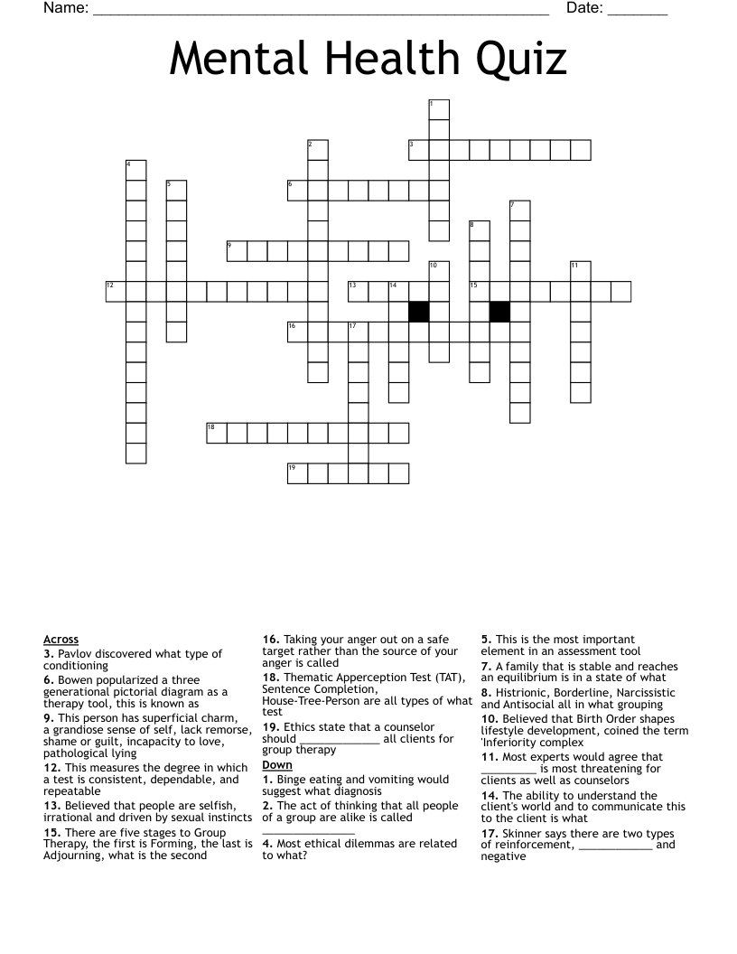 Mental Health Quiz Crossword