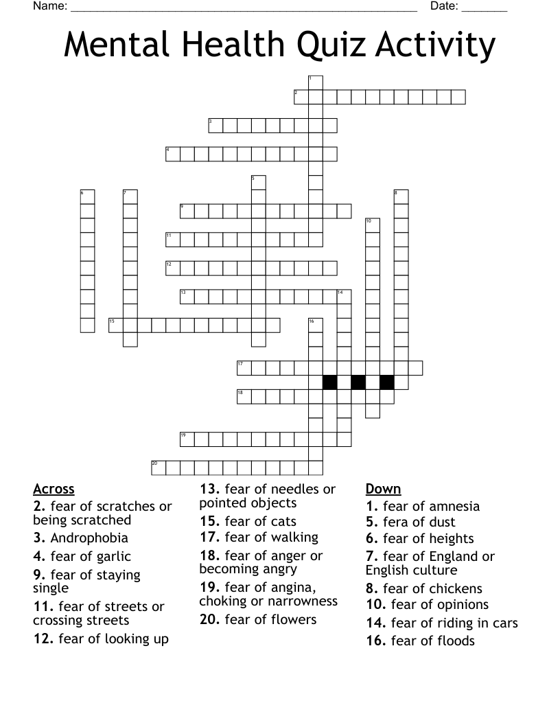 Mental Health Quiz Activity Crossword