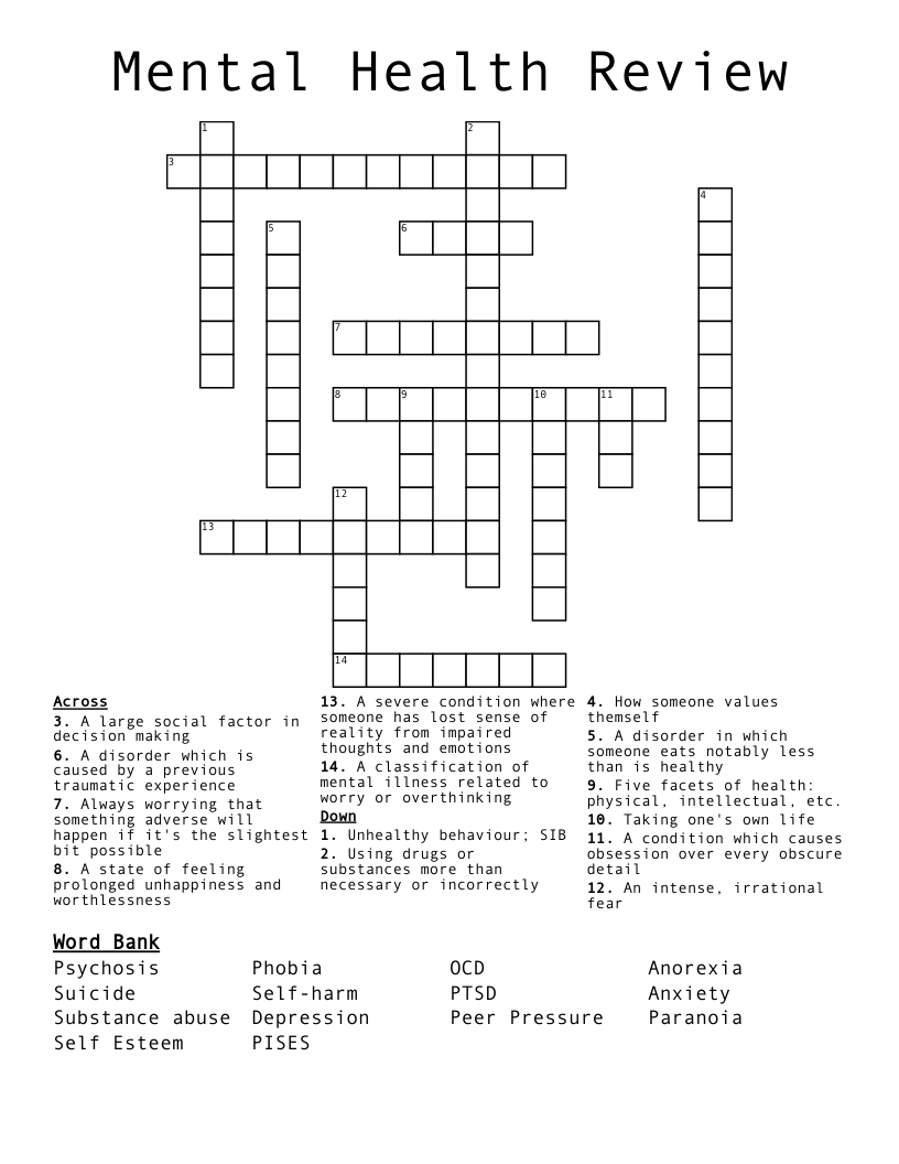 Mental Health Review Crossword
