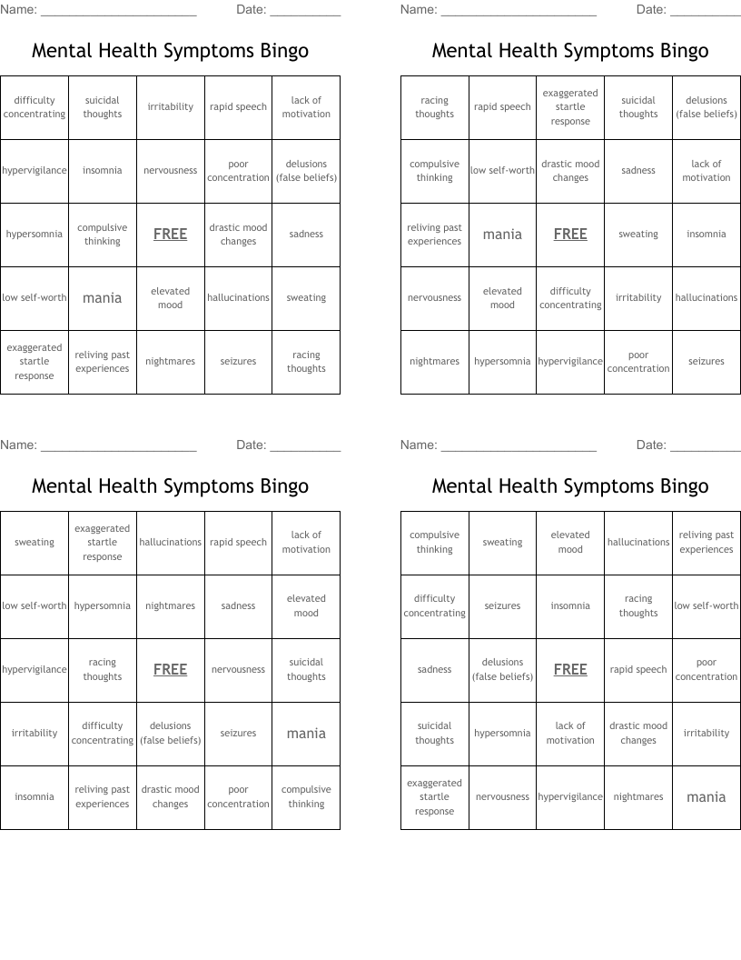 Mental Health Symptoms Bingo