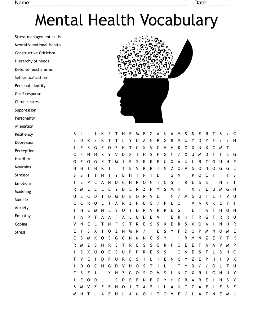 Mental Health Vocabulary Word Search