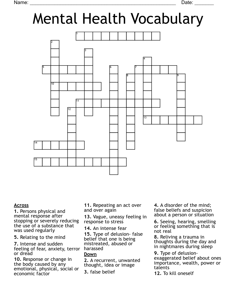 Mental Health Vocabulary Crossword