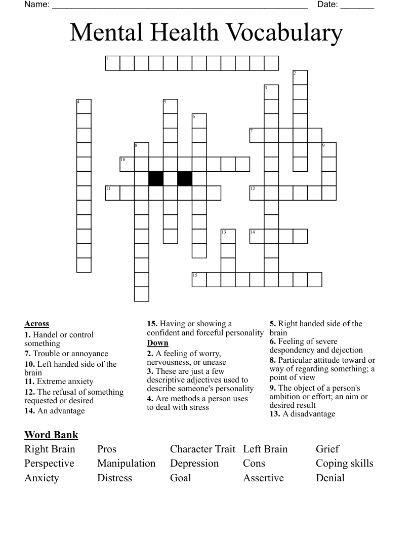 Mental Health Vocabulary Crossword