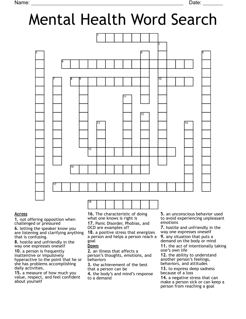 Mental Health Word Search Crossword
