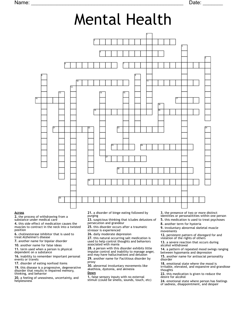 Mental Health  Crossword