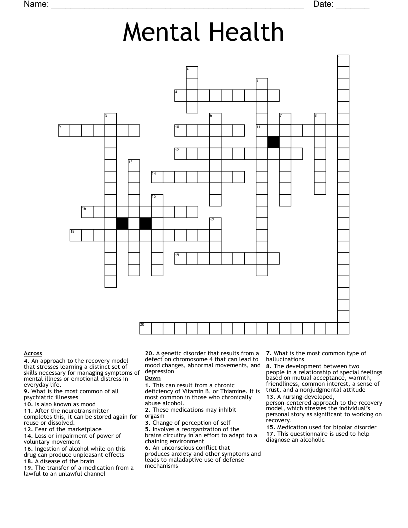 Mental Health  Crossword