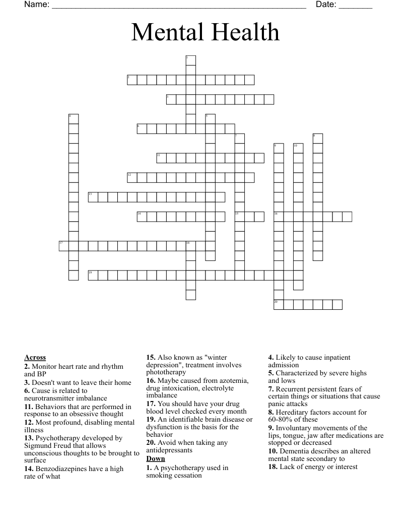 Mental Health  Crossword