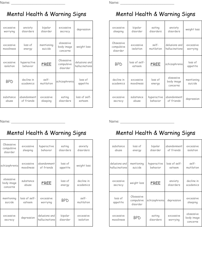 Mental Health & Warning Signs Bingo Cards