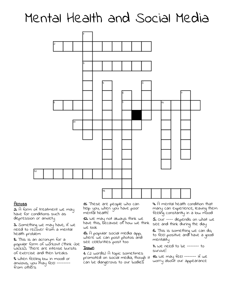 Mental Health and Social Media Crossword