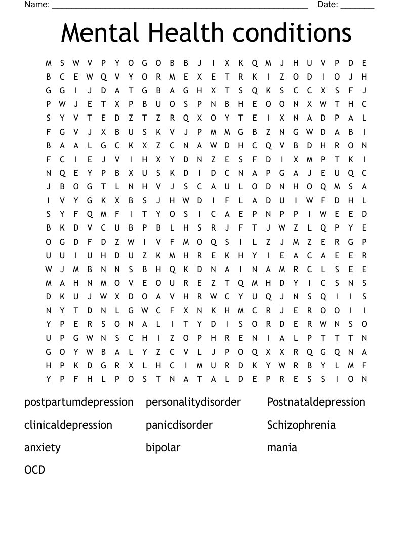 Mental Health conditions Word Search