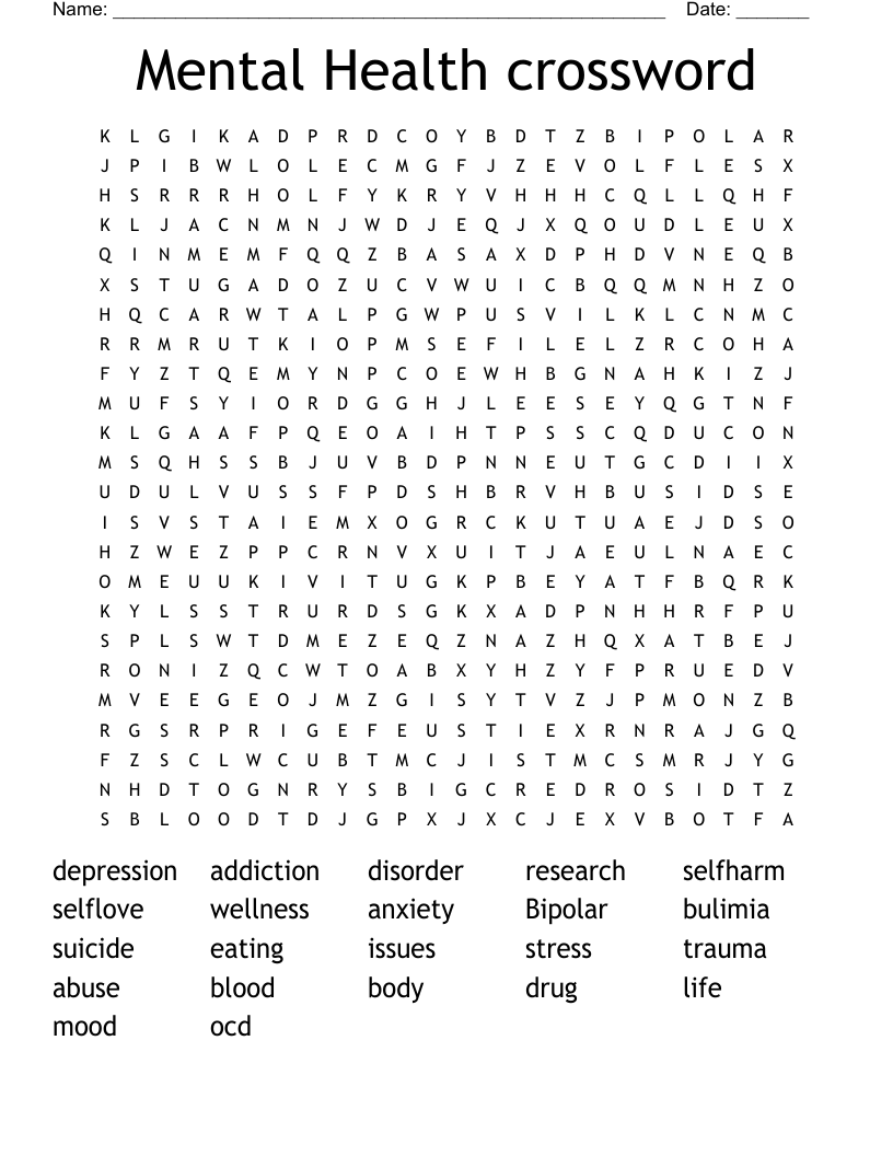 Mental Health crossword Word Search