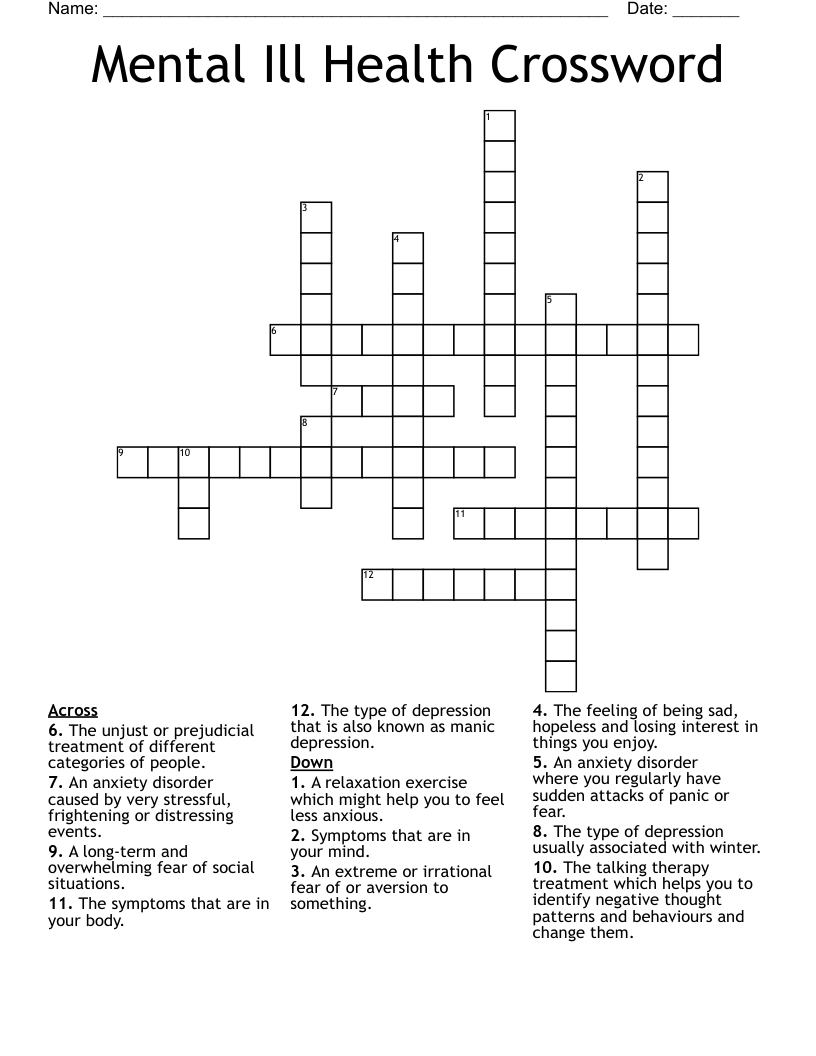 Mental Ill Health Crossword