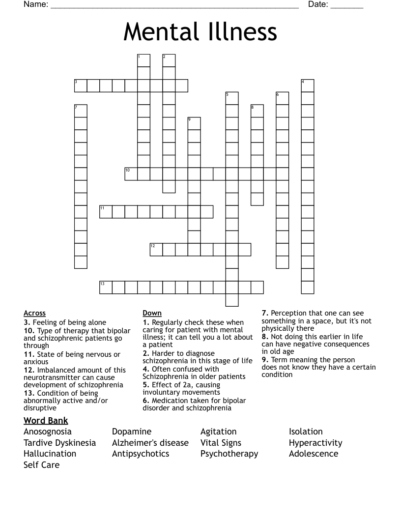 Mental Illness Crossword