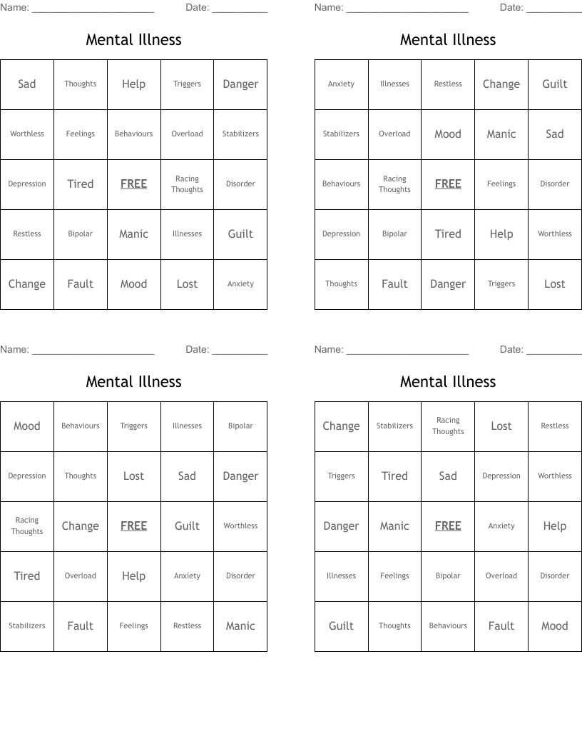 Mental Illness Bingo Cards