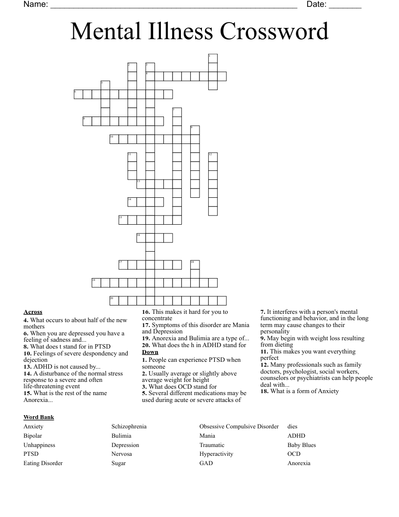 Mental Illness Crossword
