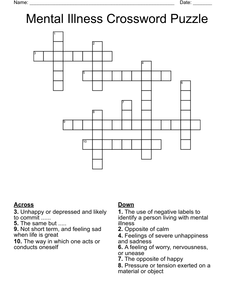 Mental Illness Crossword Puzzle 