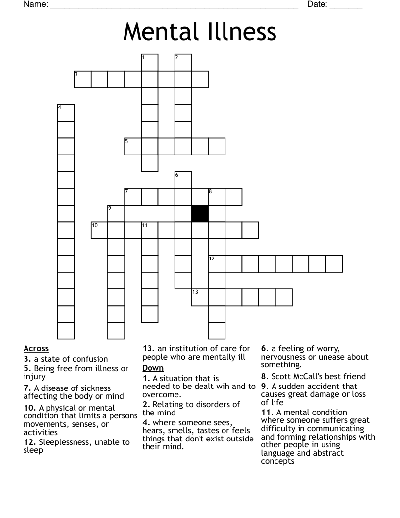 Mental Illness  Crossword