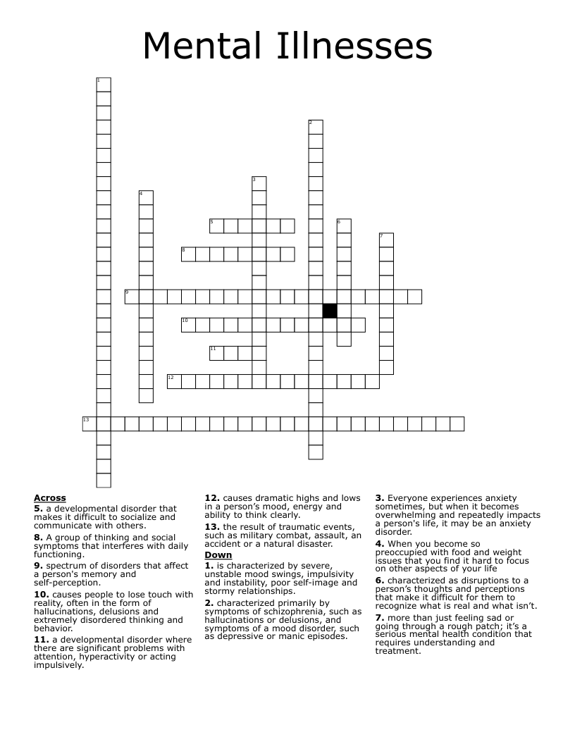 Mental Illnesses Crossword