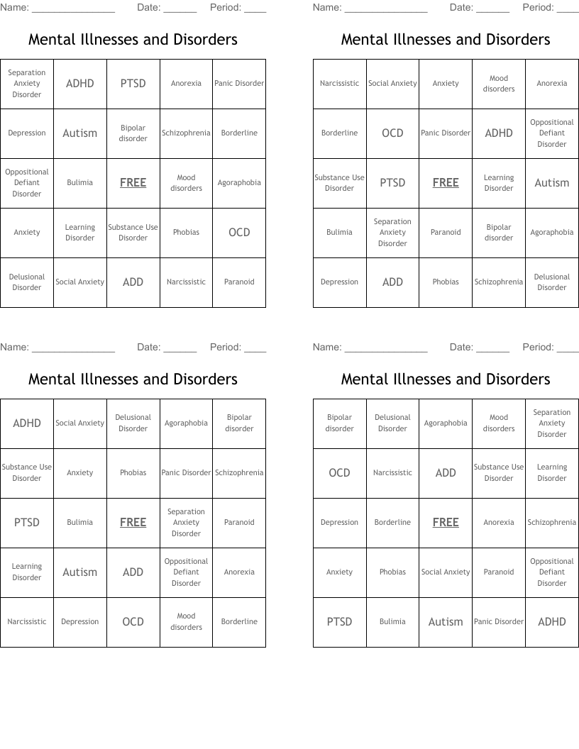 Mental Illnesses and Disorders Bingo Cards