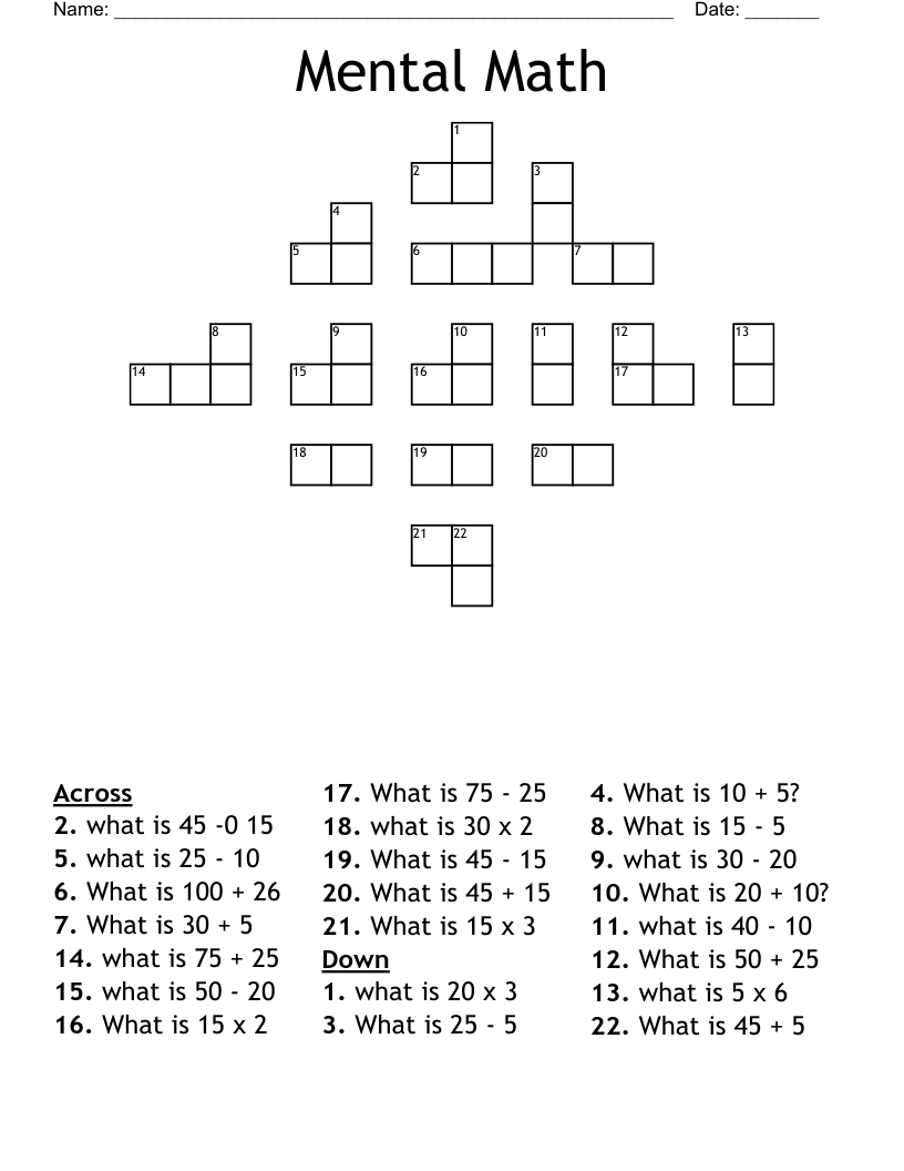 Mental Math Crossword