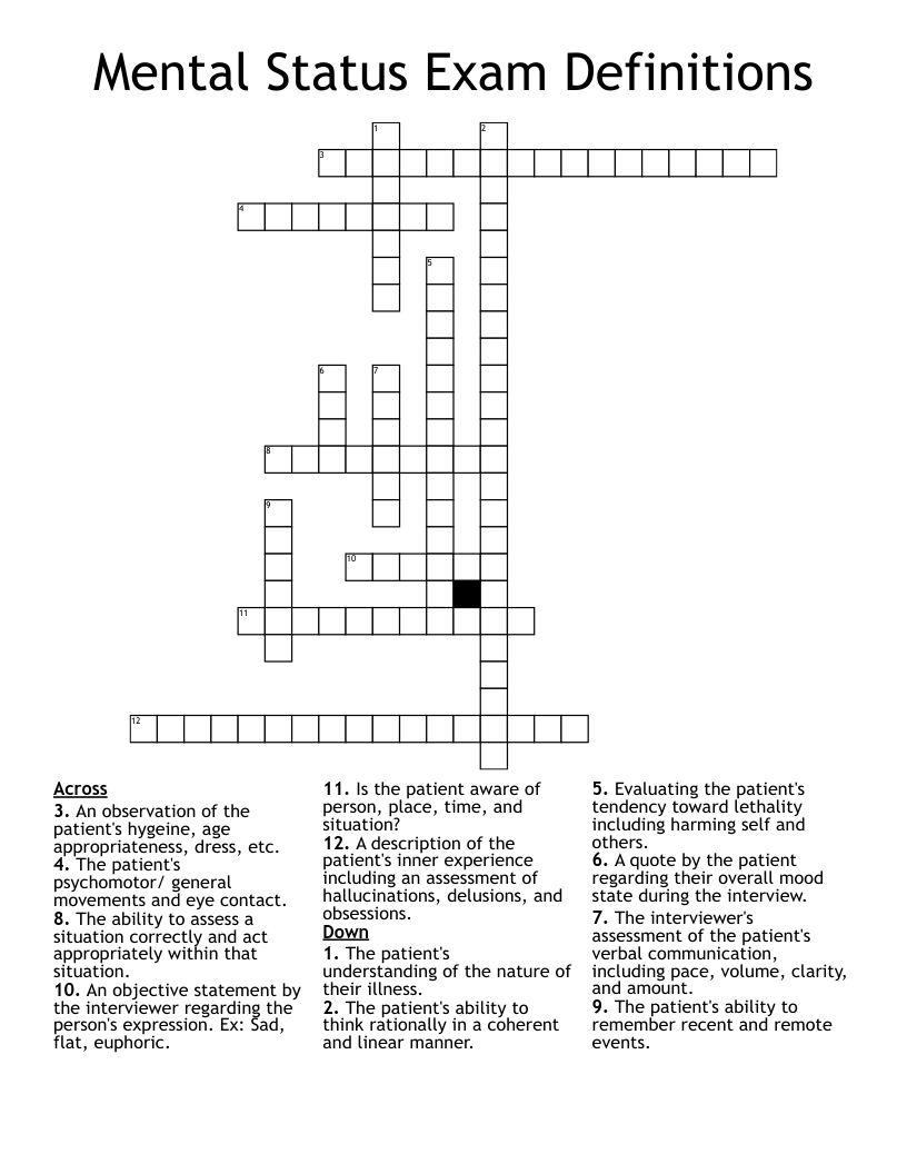 Mental Status Exam Definitions Crossword