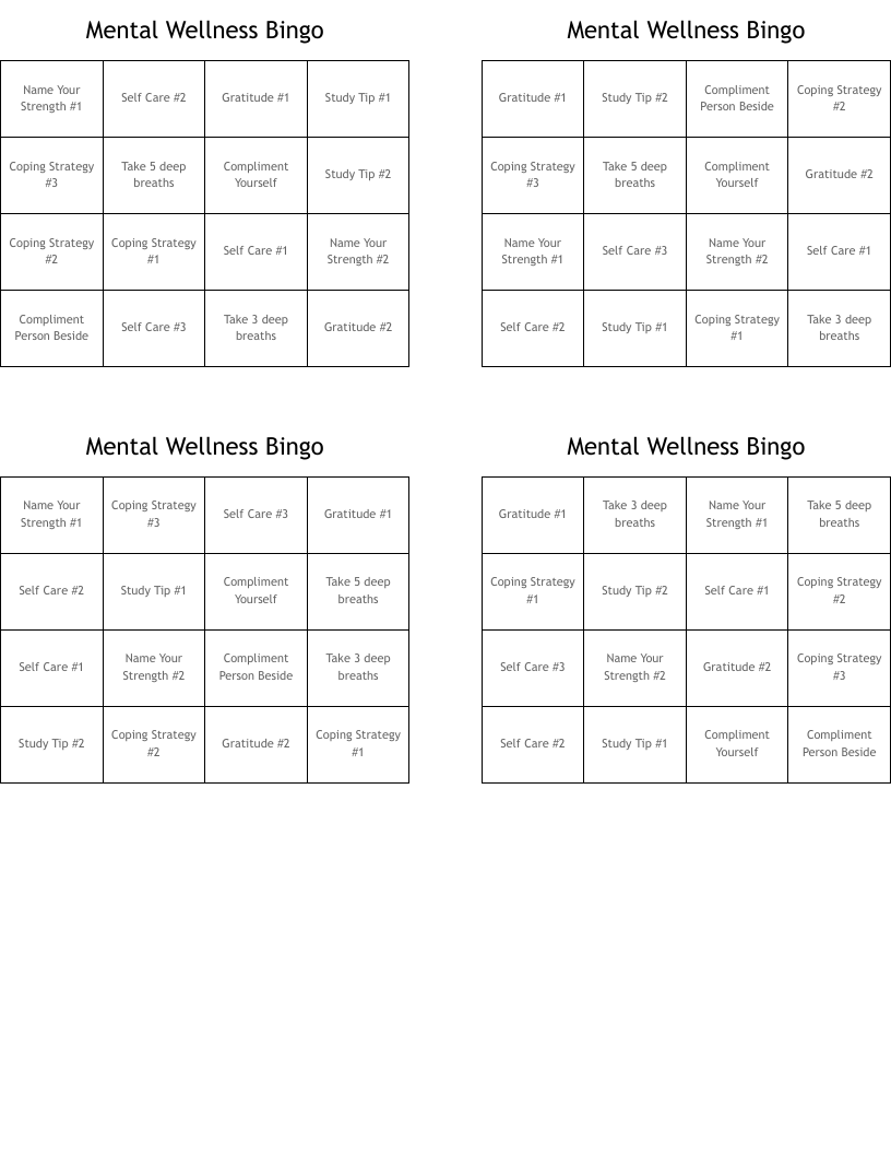 Mental Wellness Bingo